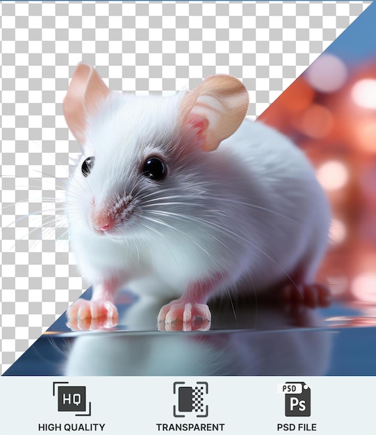 transparent background psd a white rat with black eyes and a pink nose standing on a glass table with a blurry light in the background