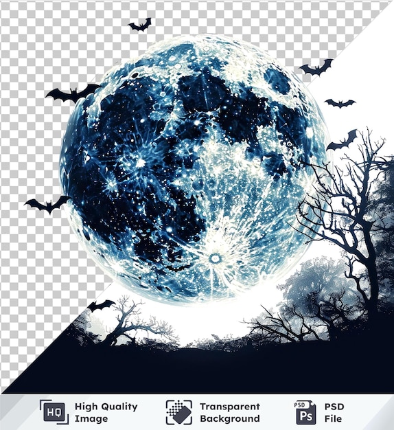 PSD transparent background psd with halloween theme featuring bats full moon trees birds on white sky