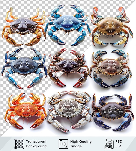 Transparent background psd with variety of crabs in blue brown and white including single crab