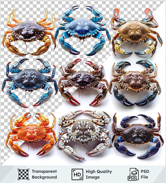 PSD transparent background psd with variety of crabs in blue brown and white including single crab