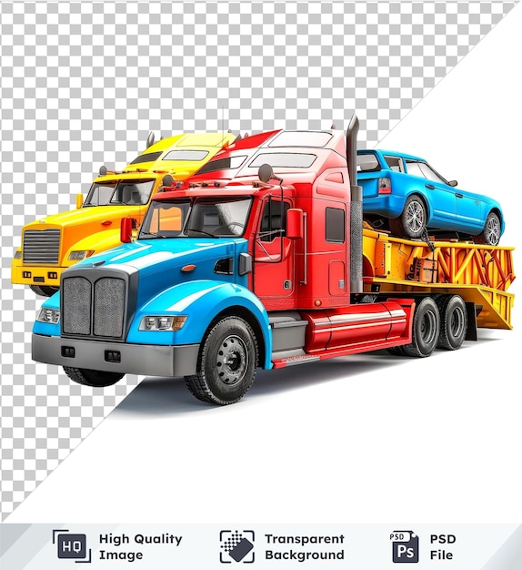 Transparent background psd with yellow blue and red tow trucks featuring silver grill and black