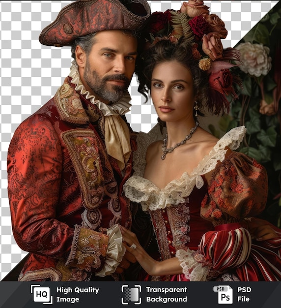 transparent background psd woman in a red dress and man in a costume are posing for a picture the woman wears a silver necklace and a brown hat while the man has a black beard and