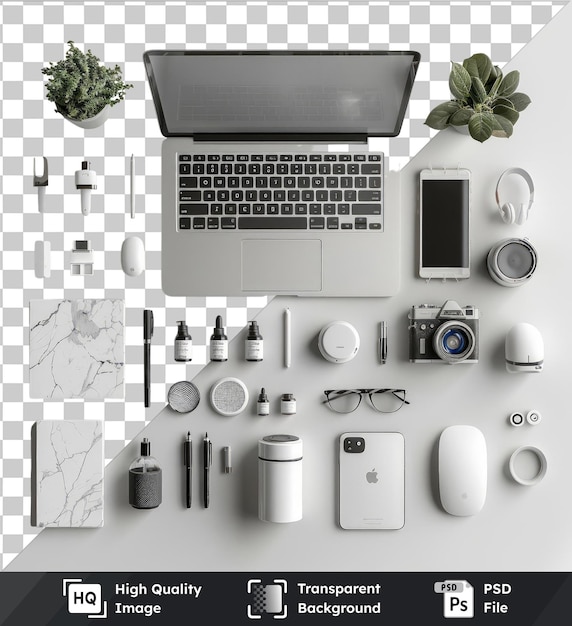 transparent background psd work from home desk set featuring a silver camera black keyboard and white mouse