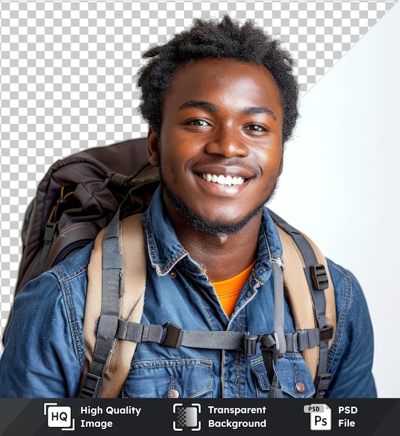 transparent background psd young african student smiling with backpack his back to the camera