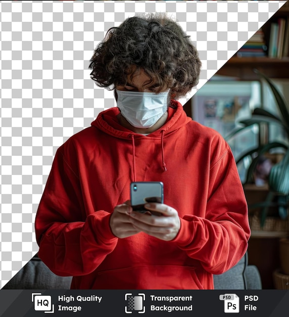 transparent background psd young attractive man with curly hair dressed in a red sweatshirt using mobile in living room at home wearing a mask to protect himself from coronavirus new normal concept