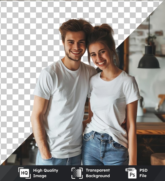 transparent background psd young cute couple in white t shirts and blue jeans stand in new apartment and rejoice in happiness