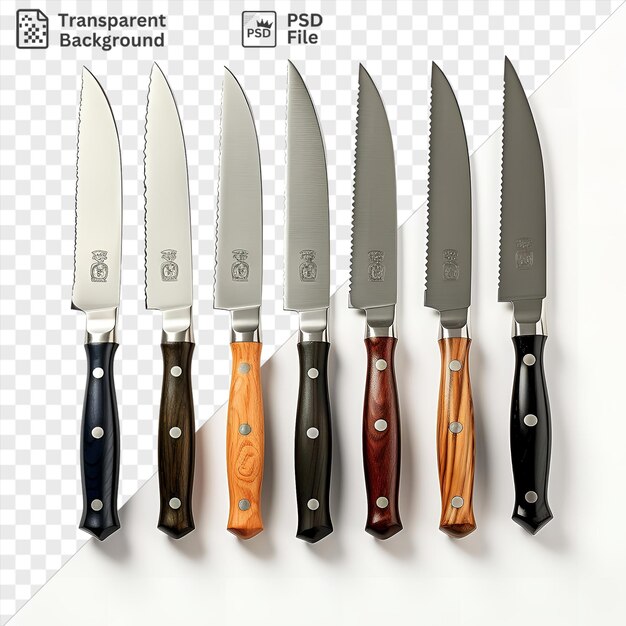 transparent background realistic photographic chefs culinary knife set featuring silver and wood knives with brown and wood handles