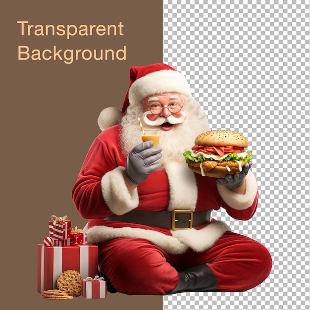 Transparent background Santa Claus eating burger