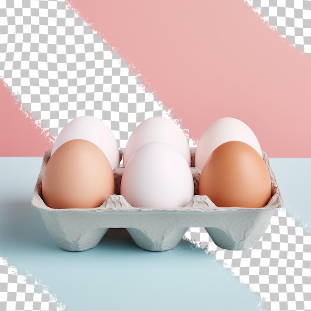 A transparent background showcases a cardboard box containing 6 eggs