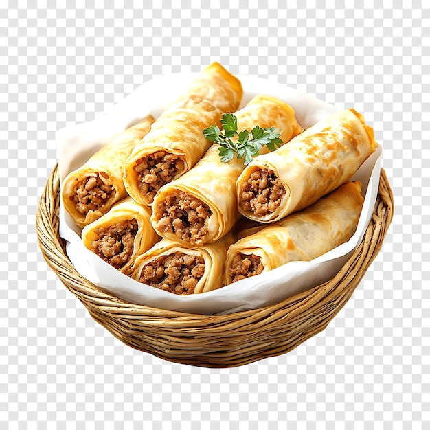 PSD transparent background showcasing pancake rolls stuffed with meat