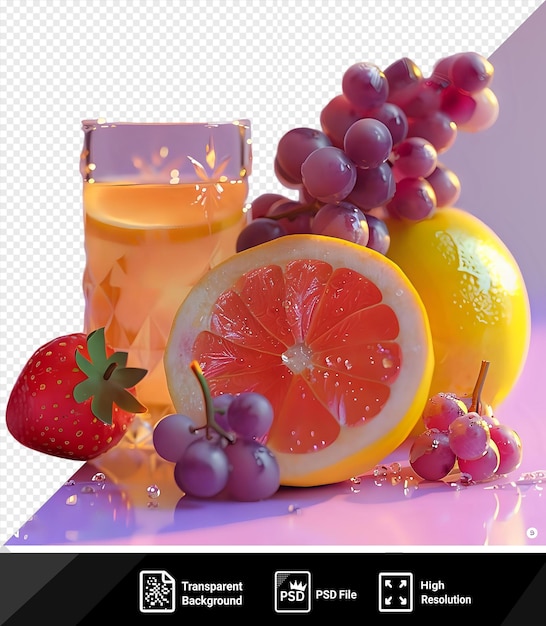 transparent background tulumba food featuring a red strawberry orange and grapefruit accompanied by a glass of orange juice and a green leaf set against a purple and pink wall