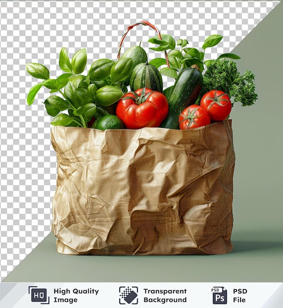 Transparent background vegetables in recyclable paper bag with tomato leaf on green wall with