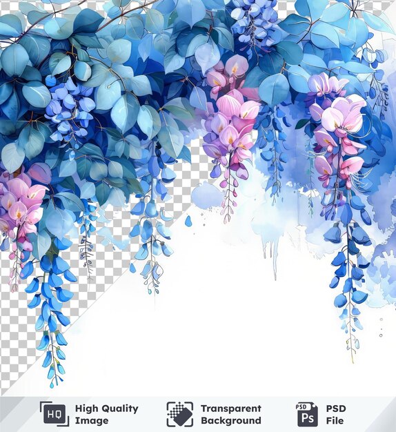 PSD transparent background watercolor wisteria flowers clipart and leaves floral elements in blue hues