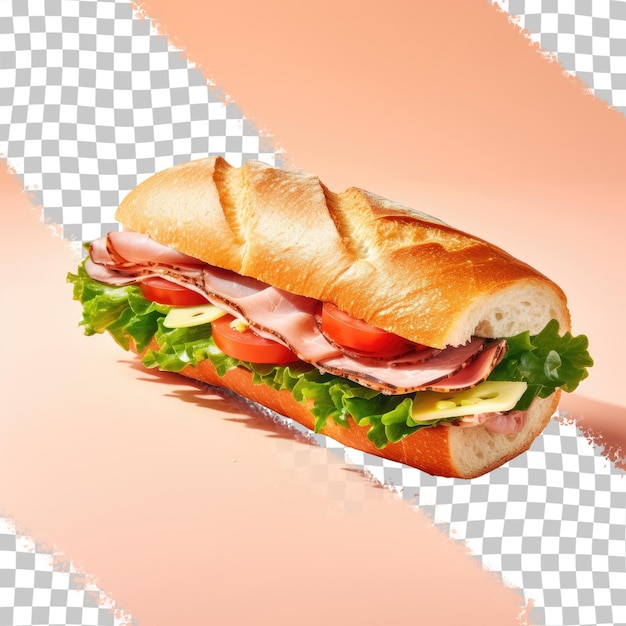 PSD transparent background with fresh baguette sandwich containing ham cheese tomatoes and lettuce