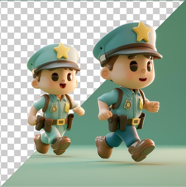 Transparent Background With Isolated 3D police officer cartoon chasing a thief