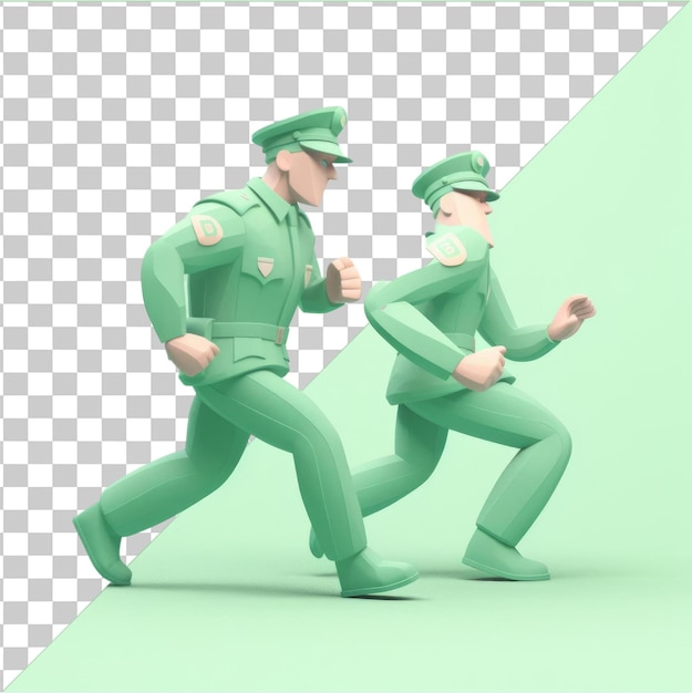 Transparent Background With Isolated 3D police officer cartoon chasing a thief