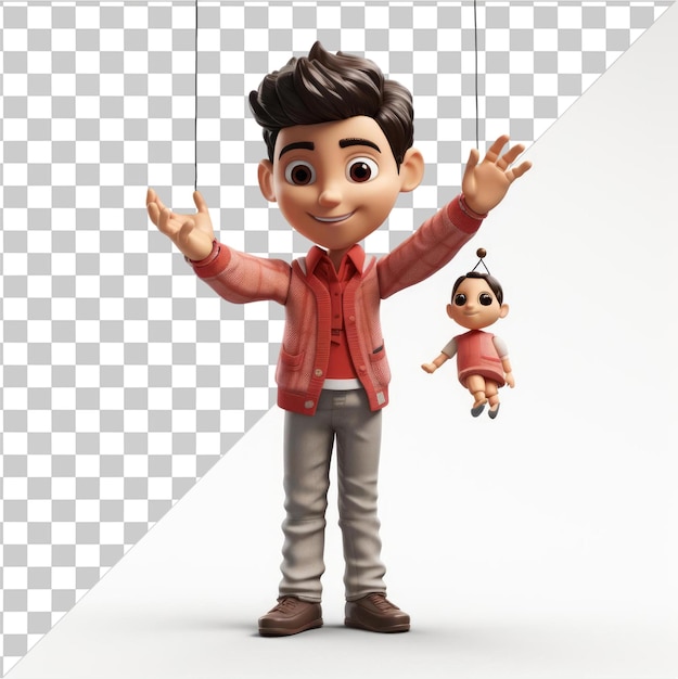 Transparent Background With Isolated 3D puppeteer cartoon controlling marionette strings