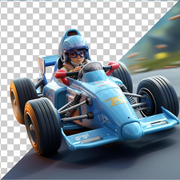 Transparent Background With Isolated 3D race car driver cartoon accelerating on a racetrack