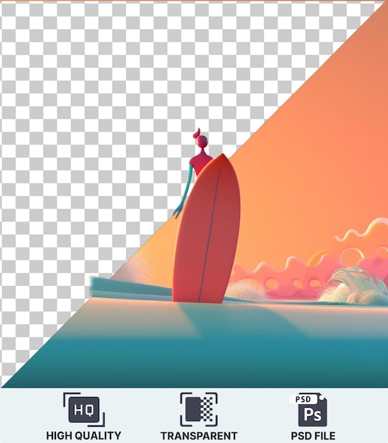 PSD transparent background with isolated 3d surfer cartoon catching a wave at sunset