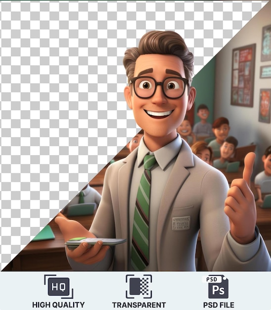 Transparent Background With Isolated 3D teacher cartoon educating young minds in a classroom