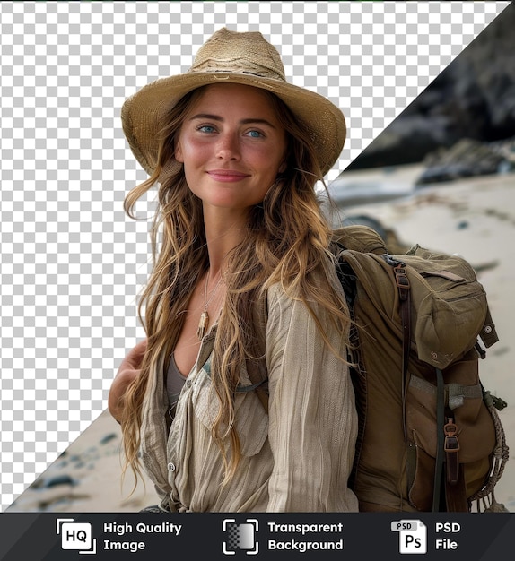 transparent background with isolated adventure tourist with hat and backpack on the beach