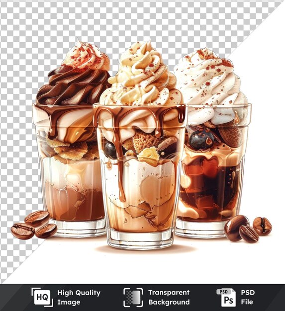 PSD transparent background with isolated assorted affogato desserts brown coin white ice cream