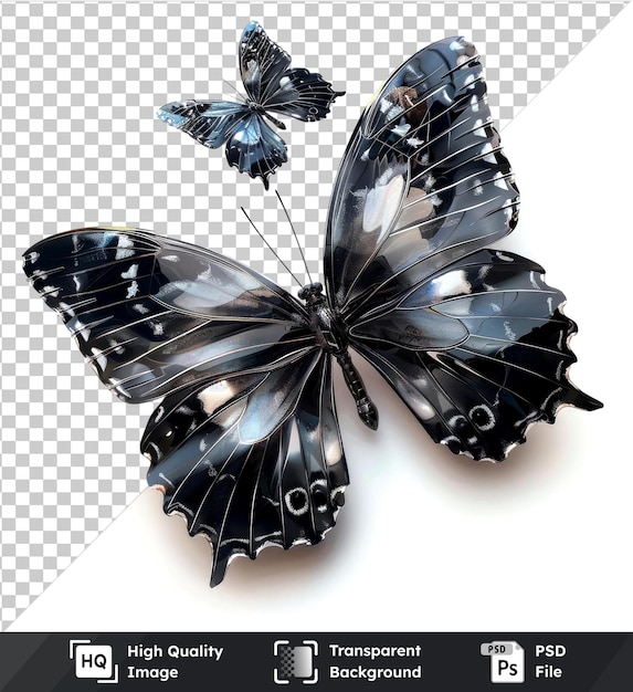 Transparent background with isolated black glass butterflies with liquid effect