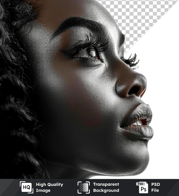 PSD transparent background with isolated black woman featuring large nose open mouth brown eye black