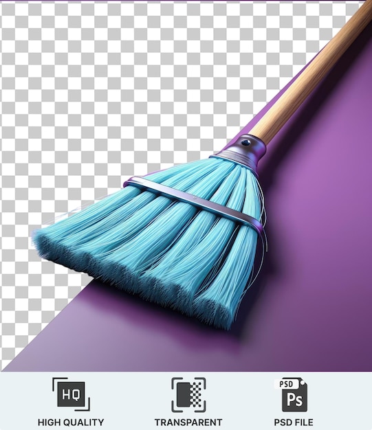 transparent background with isolated blue broom and silver blade on purple surface