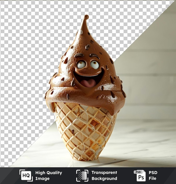 PSD transparent background with isolated cheerful chocolate ice cream cone character in front of a