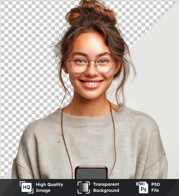 PSD transparent background with isolated cheerful young woman with glasses and smartphone