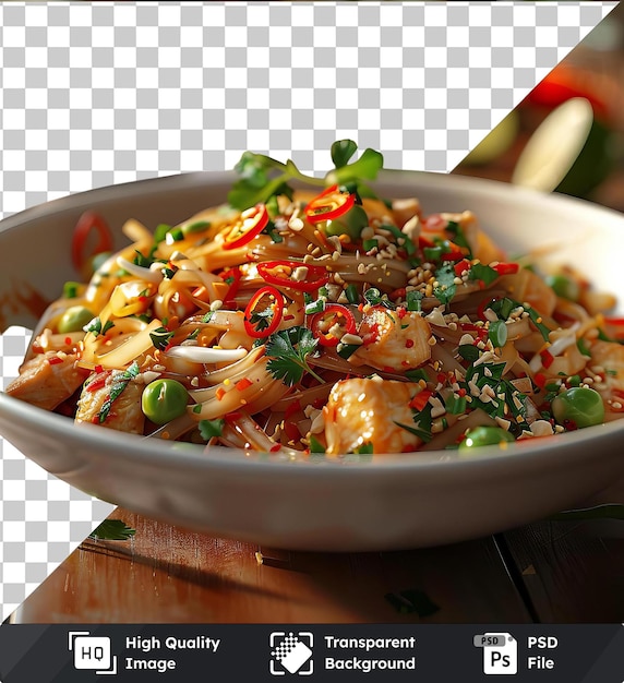 transparent background with isolated chicken pad thai in a white bowl