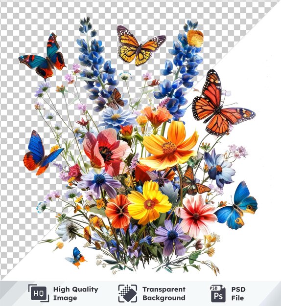 PSD transparent background with isolated colorful wildflower bouquet and butterflies