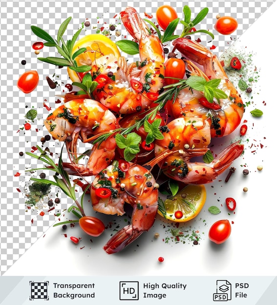 PSD transparent background with isolated cooked shrimps and lots of herbs and spices