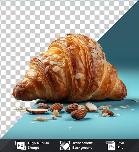 transparent background with isolated crunchy almond croissant on a blue surface