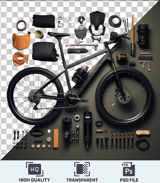 transparent background with isolated custom high end bicycle and accessories set featuring a black tire orange handlebar and black seat