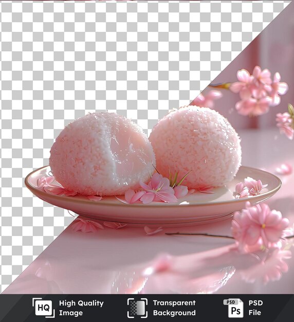 PSD transparent background with isolated daifuku balls and pink flowers on a white plate