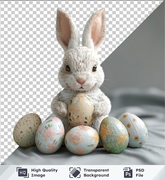 Transparent background with isolated Easter bunny mockup painted eggs white rabbit with black and