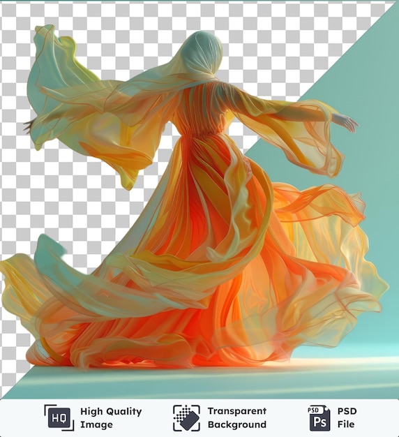 transparent background with isolated eid al fitr traditional dance of a woman in an orange dress