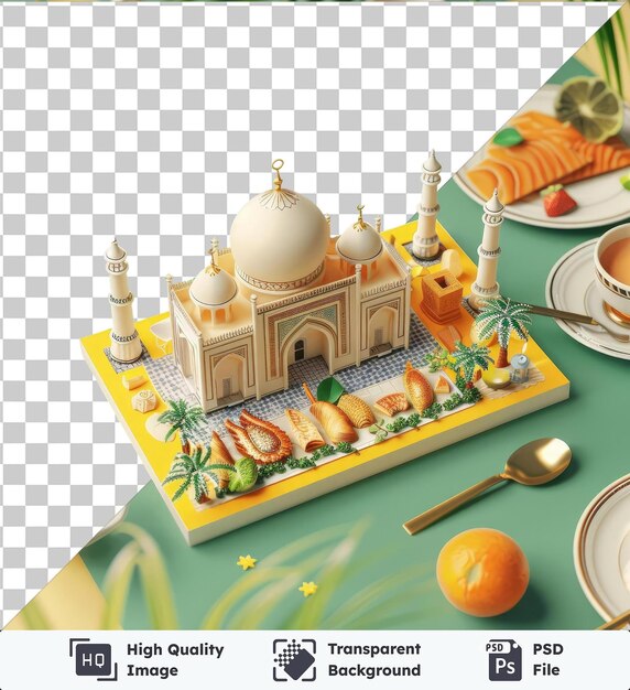 transparent background with isolated eid greeting card making kit for ramadan and eid al fitr featuring a white plate silver spoon orange orange green table white building