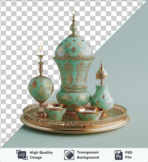 transparent background with isolated eid themed serving tray for ramadan featuring a white candle blue and green vase gold plate and green and blue vase