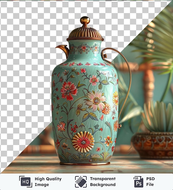 transparent background with isolated eid themed thermal flask for ramadan featuring a potted green plant orange flower and curved handle on a wooden table against a green wall