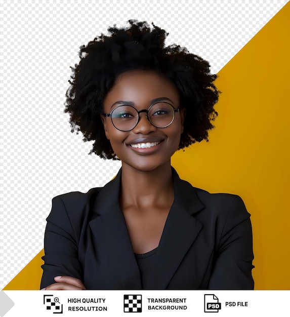 transparent background with isolated female entrepreneur afro business girl smiling at camera crossing hands copy space isolated on yellow background png psd