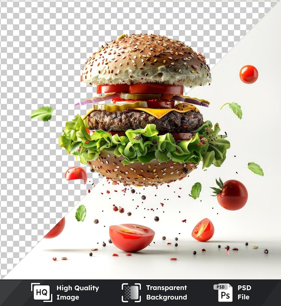 transparent background with isolated flying burger mockup with bread and vegetables in the middle