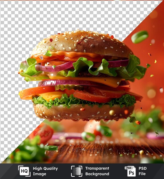 transparent background with isolated flying burger mockup with bread and vegetables on the table