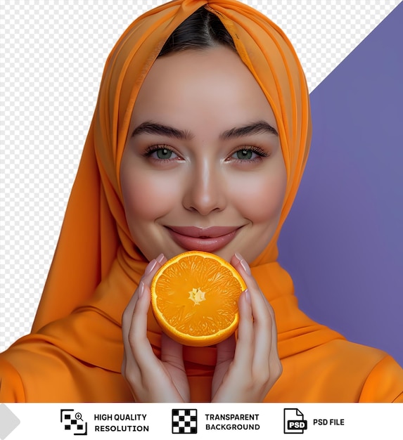 transparent background with isolated fresh orange on a womans face featuring a smiling face with brown and blue eyes a large nose and a hand holding the orange png psd