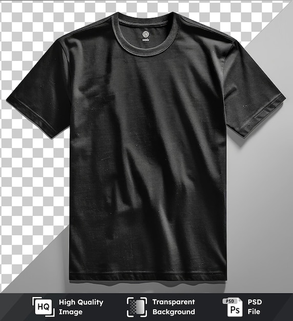 Transparent Background With Isolated front view capture a premium tshirt black technical materials fabric label