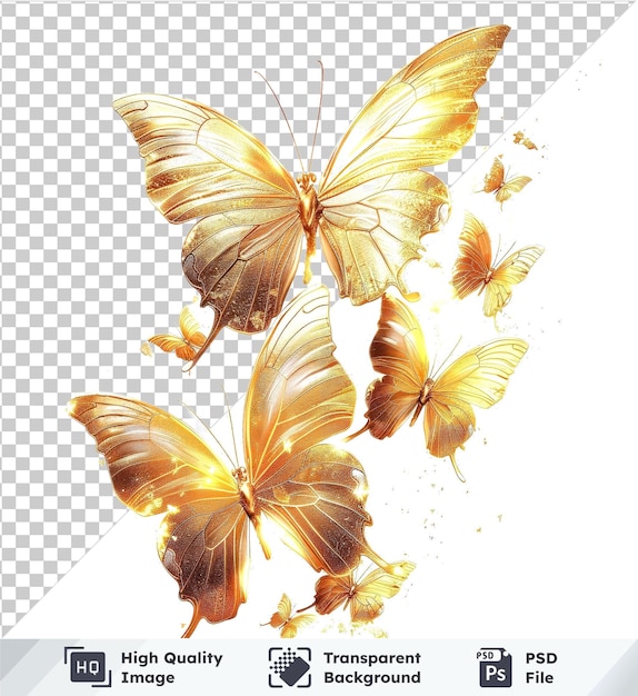 Transparent background with isolated golden abstract butterflies