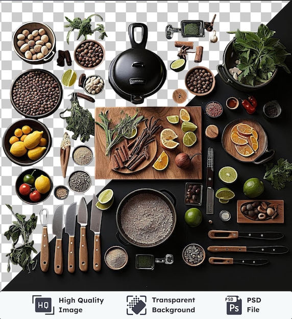 PSD transparent background with isolated gourmet caribbean cooking set featuring a variety of ingredients including lemons limes and a black pot on a black table