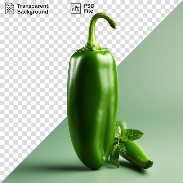 transparent background with isolated green bell pepper and leaf accompanied by a dark shadow